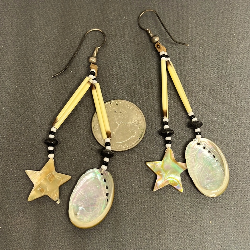Vintage native made abalone earrings w quills.